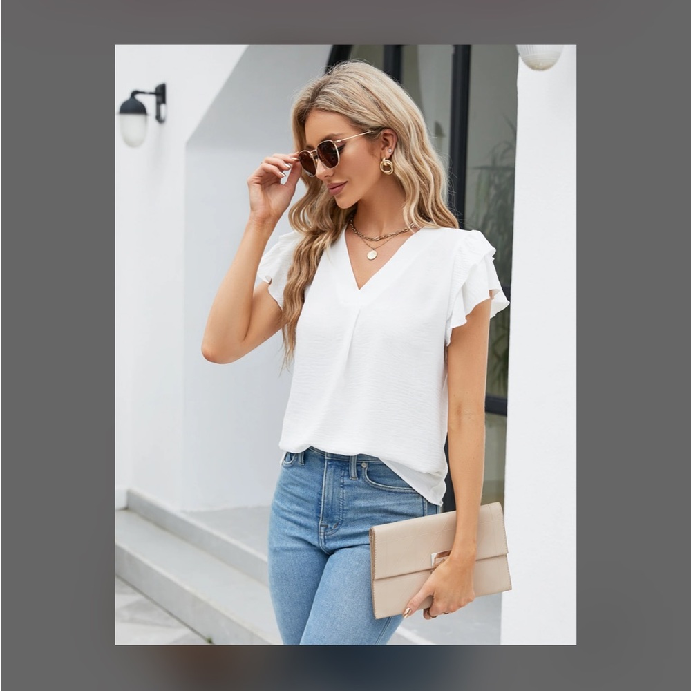Blooming Jelly White Ruffle Sleeve V-neck Blouse Women M